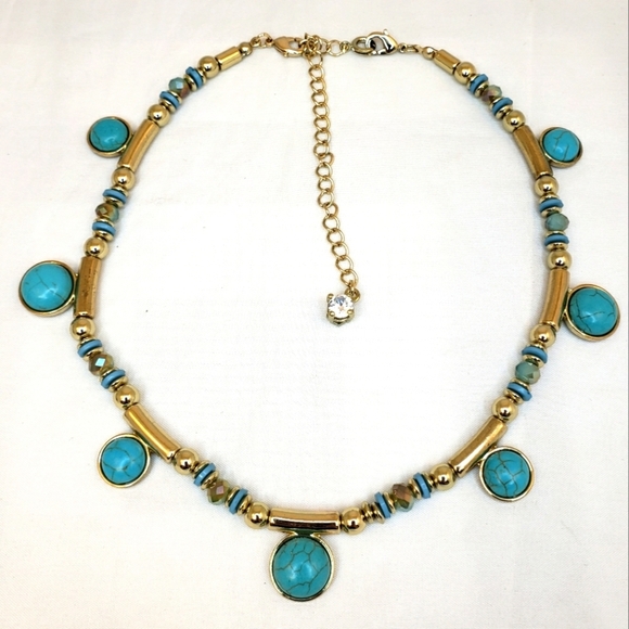 Premier Designs Bon Voyage Necklace Turquoise Color Gold tone Reversible Boho - Picture 2 of 7